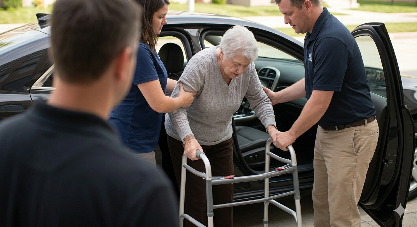Caregivers helping an elderly passenger with a walker out of a vehicle